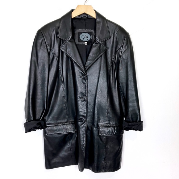 Vintage black leather midi coat single breasted 90s y2k trench blazer jacket - Picture 1 of 10